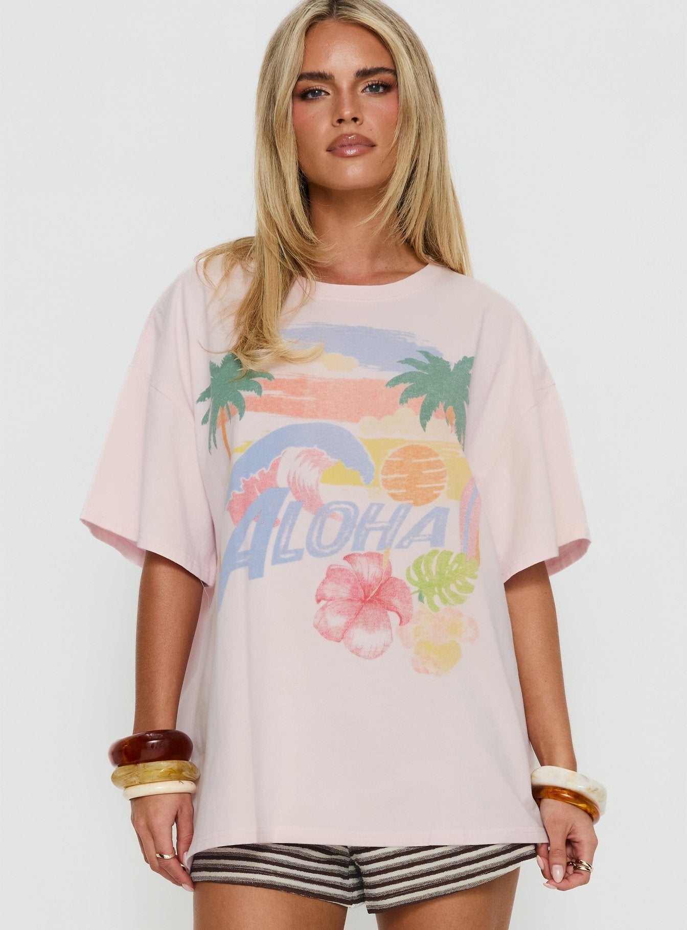 Hawaiian Greetings Oversized Graphic Tee Washed Pink