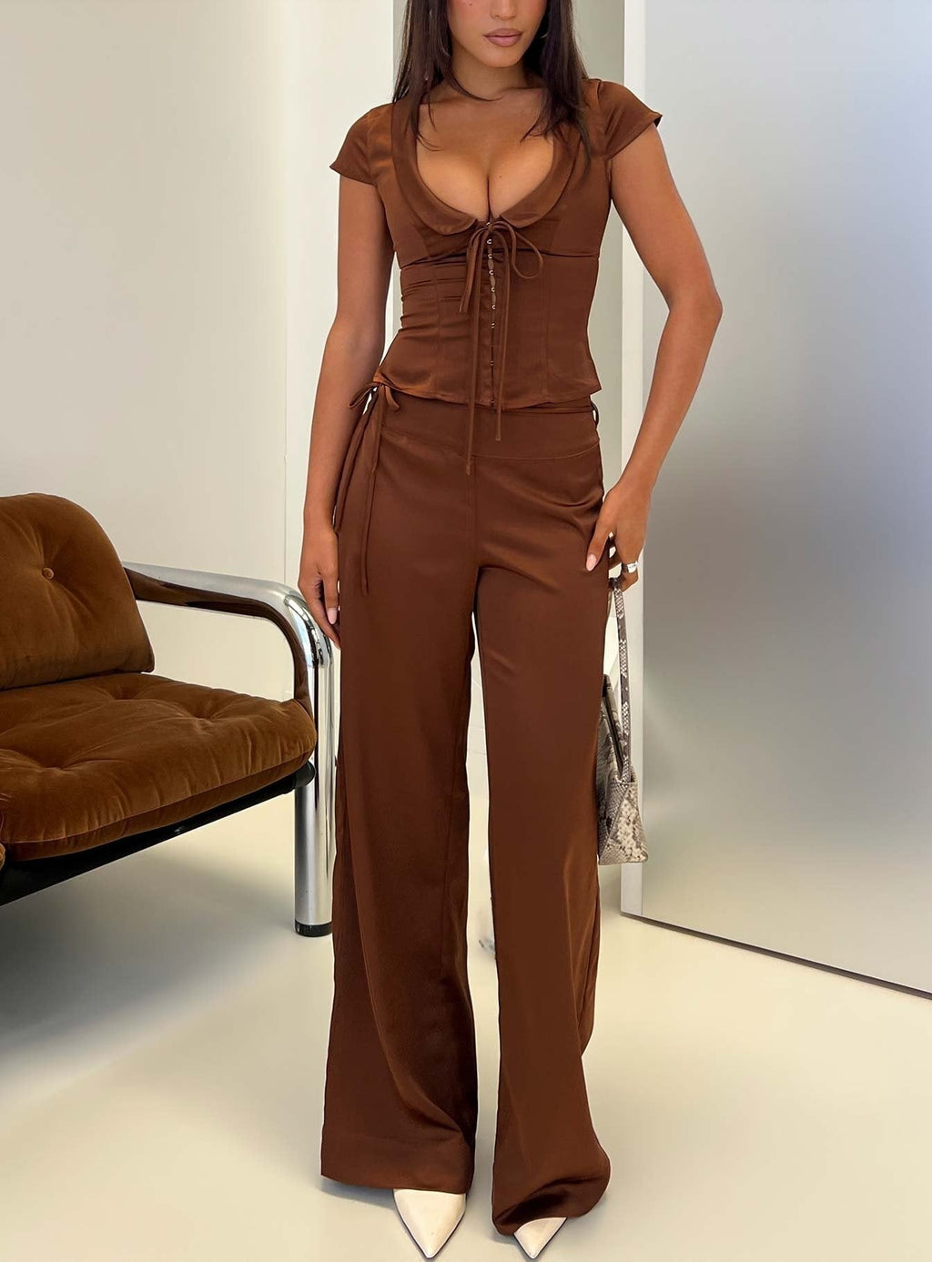 Aubrette Satin Tie Pants Chocolate