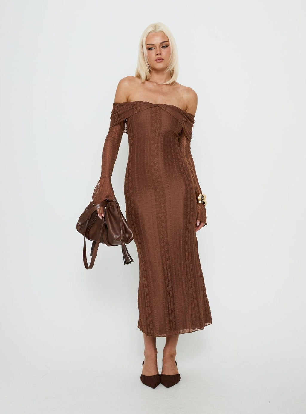 Perdita Long Sleeve Lace Maxi Dress Chocolate