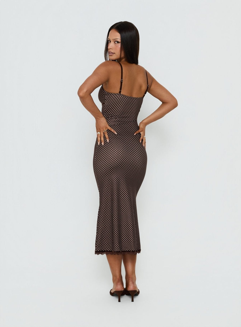 Delaney V Neck Frill Midi Dress Brown / Pink Polka Dot