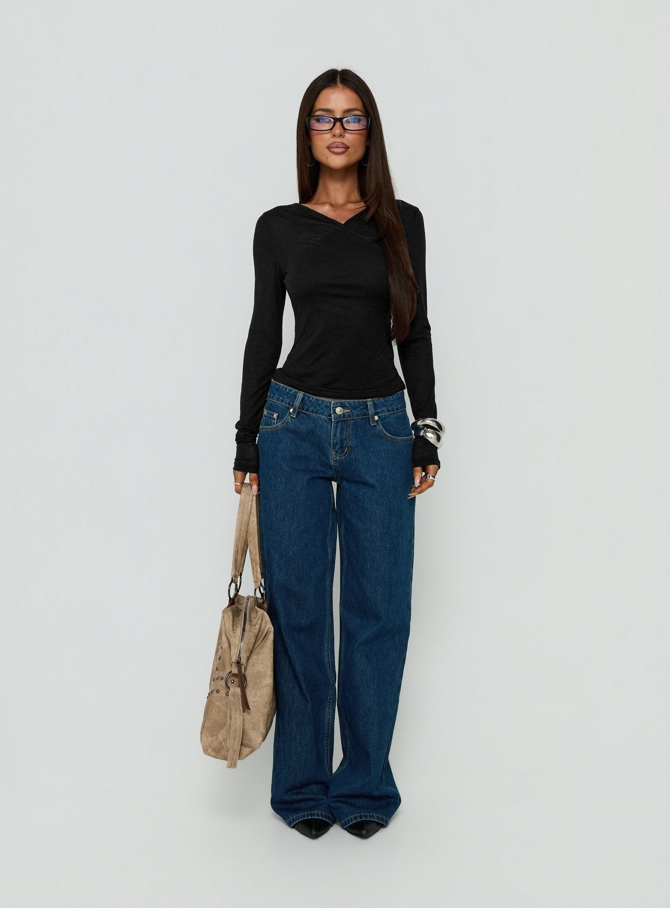 Deila Layered V Neck Long Sleeve Top Black