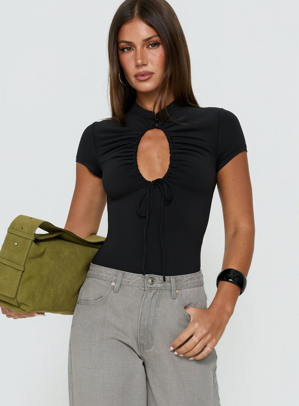 Maeci Ruched Tie Detail Bodysuit Black