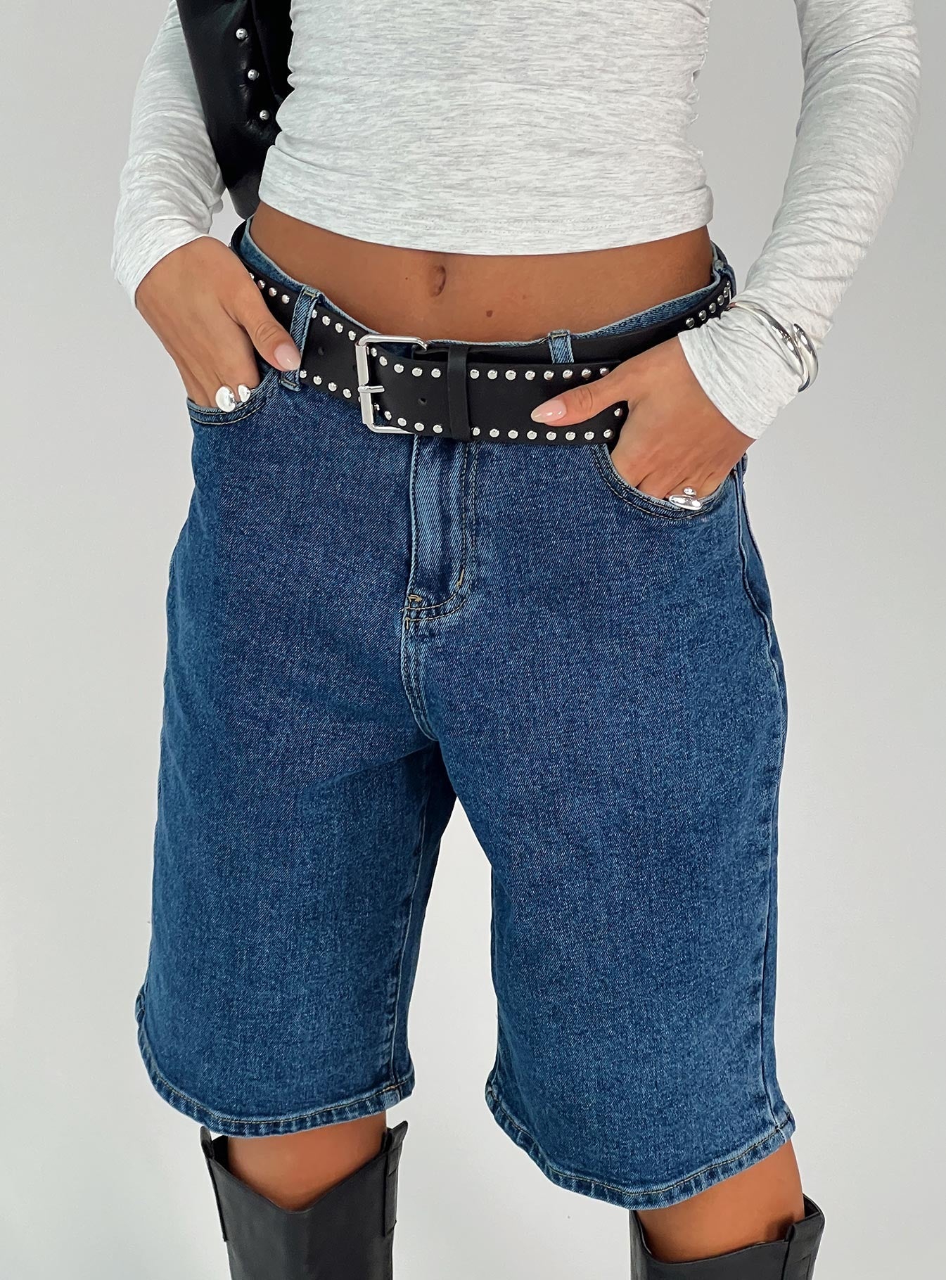Retro Dream Mid Rise Longline Denim Shorts Mid Wash