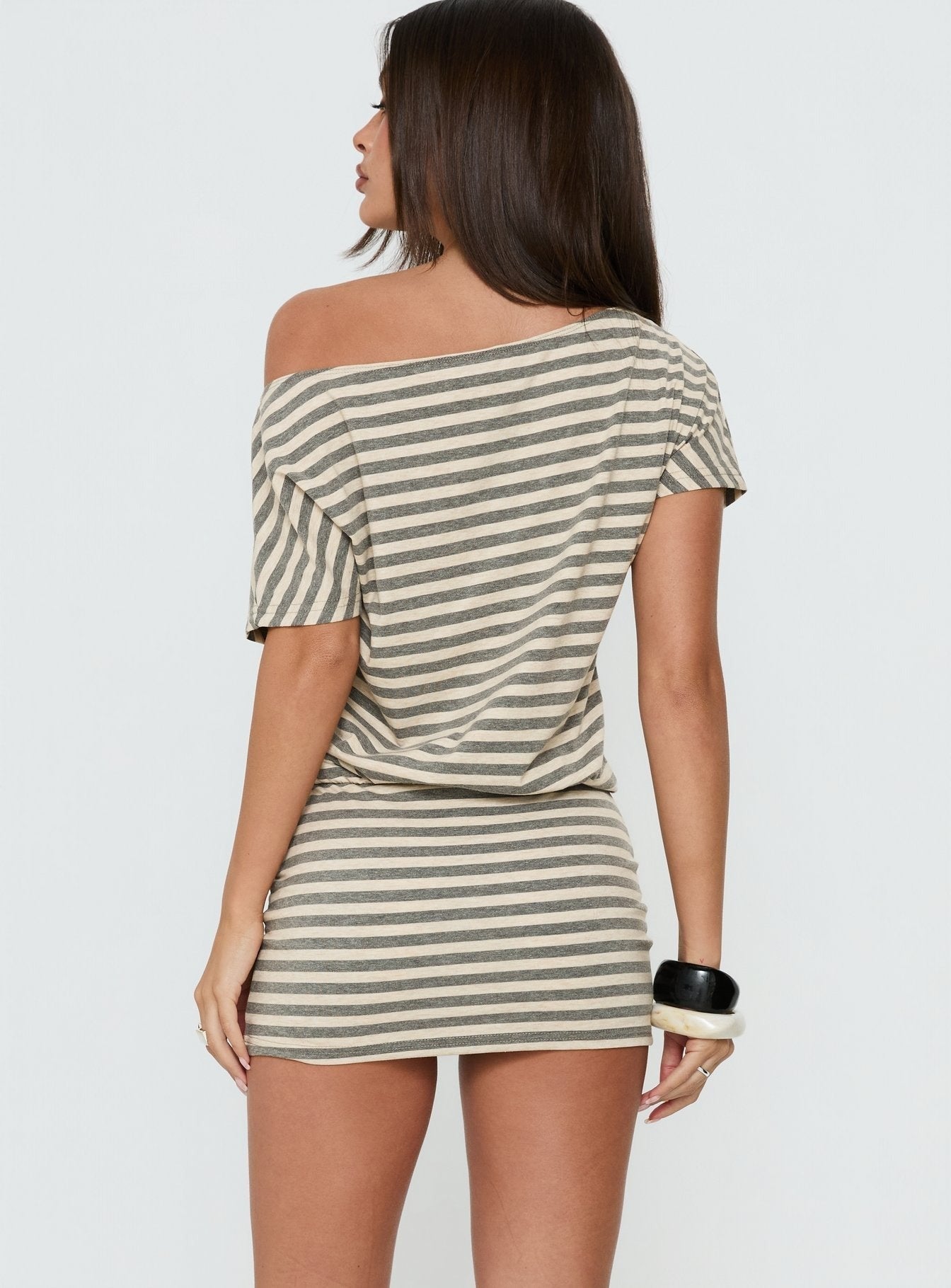 Self Control Off Shoulder Romper Grey Stripe