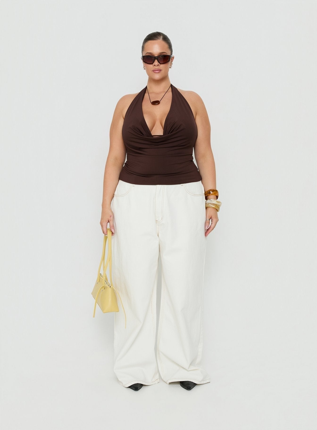 Xylia Plunge Neck Tie Back Top Chocolate Curve