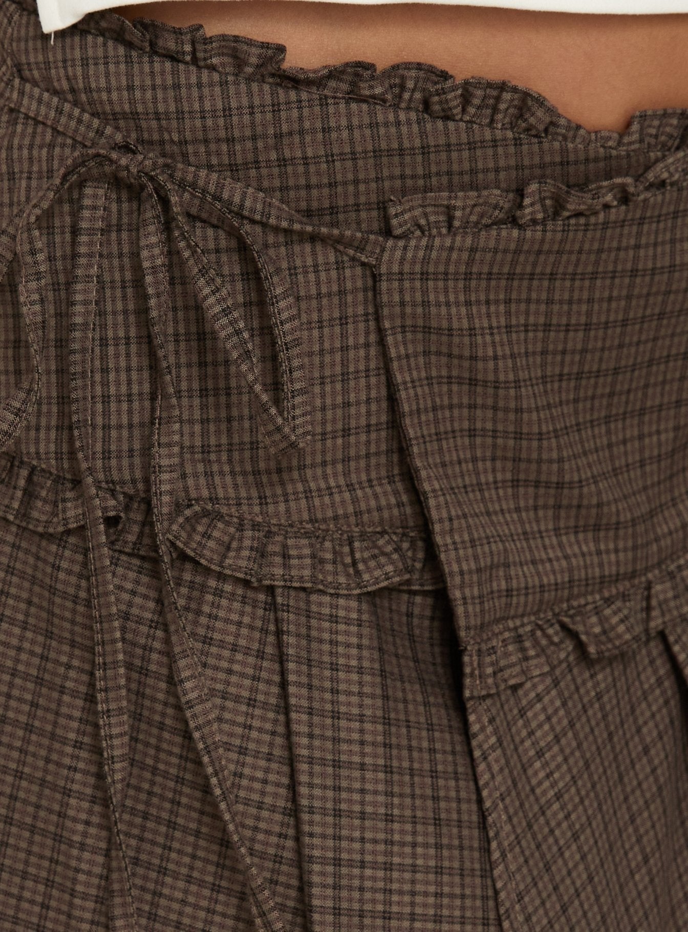 Ginella Pleated Tie Side Midi Skirt Brown Check