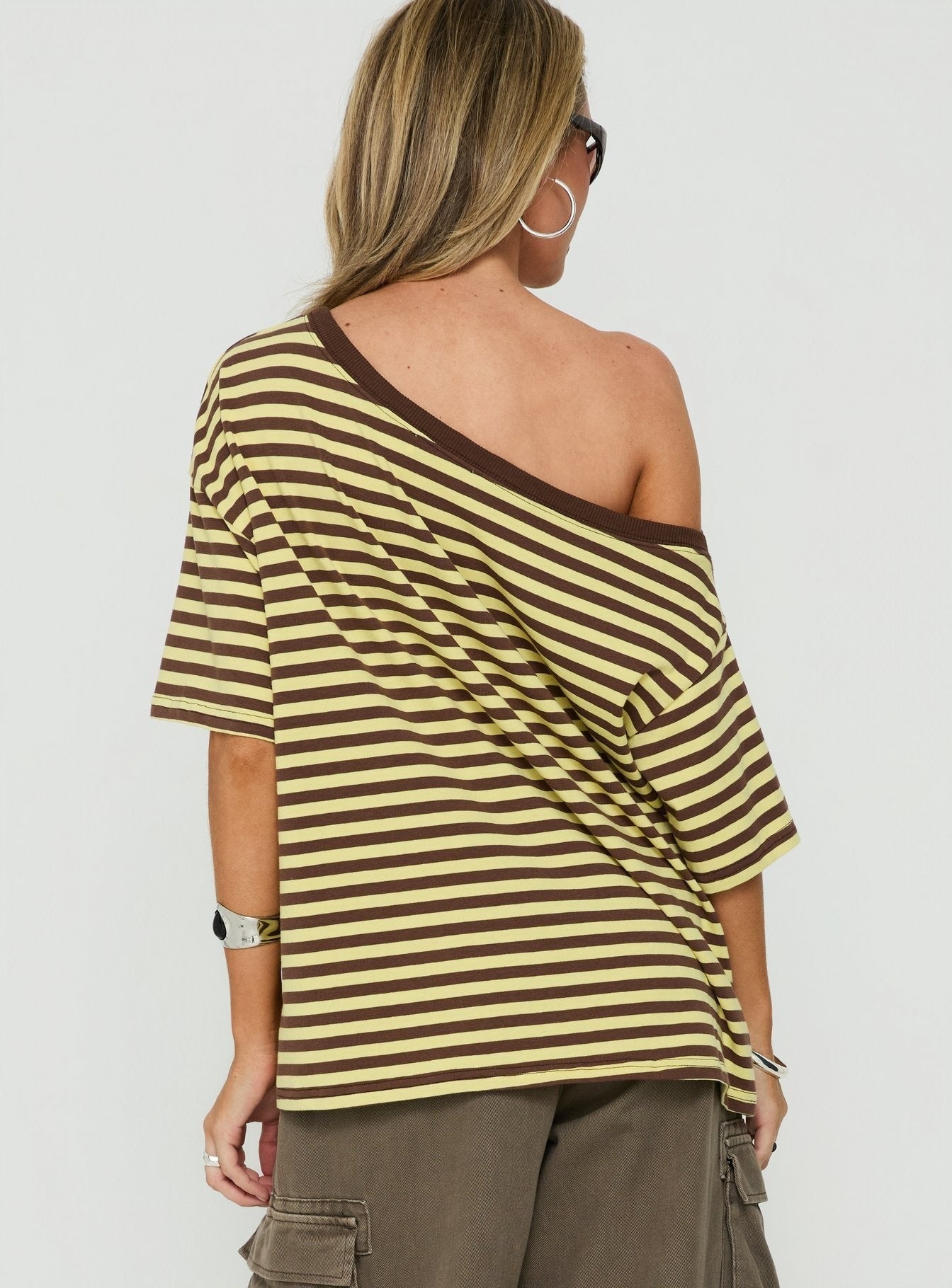 Settle Down One Shoulder Top Yellow / Chocolate Stripe