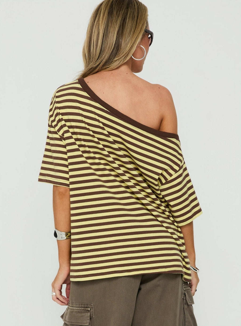 Settle Down One Shoulder Top Yellow / Chocolate Stripe