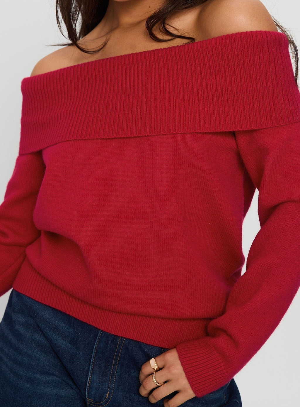 Jaycelyn Off Shoulder Knit Sweater Red