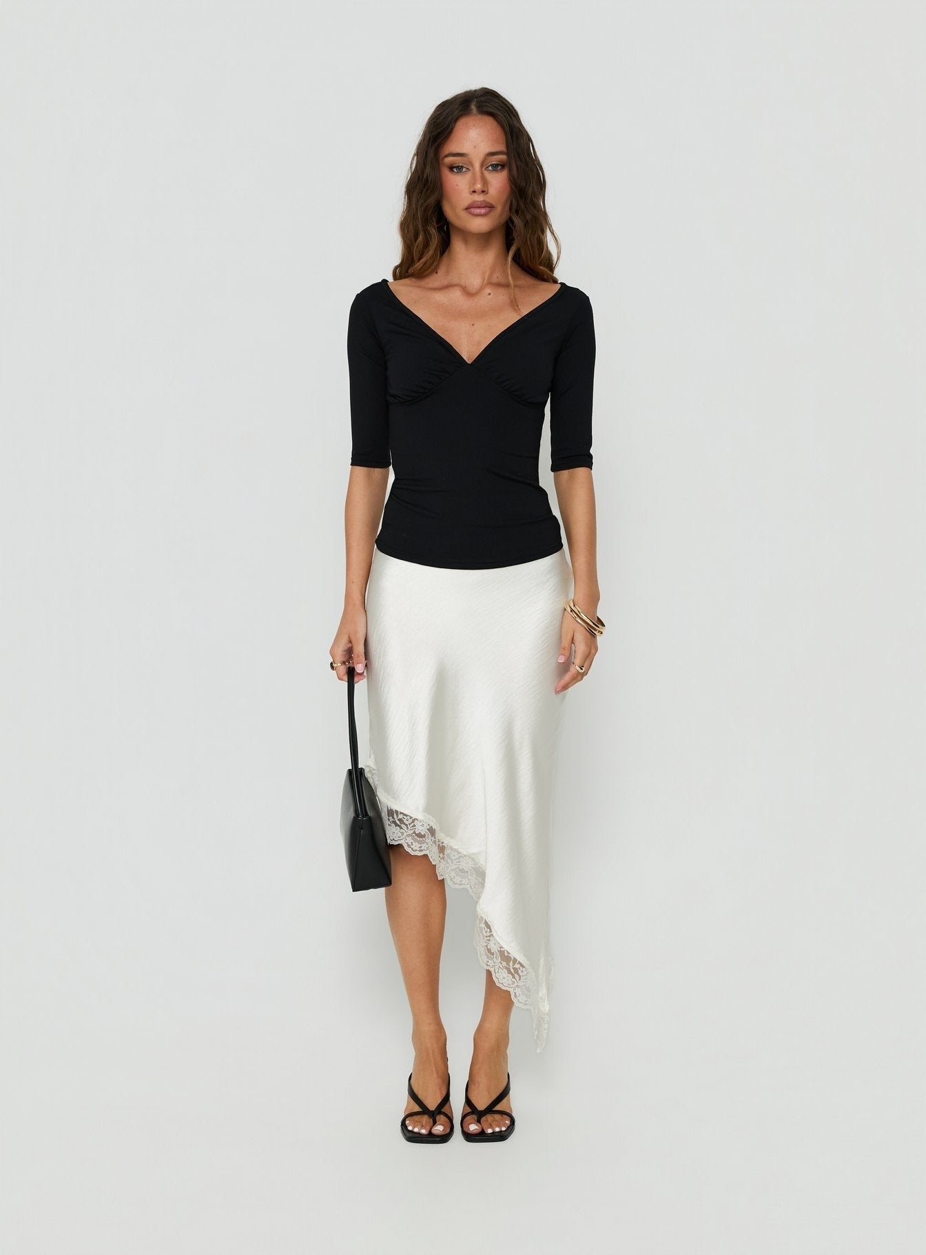 Koletta Asymmetrical Lace Trim Satin Midi Skirt Ivory
