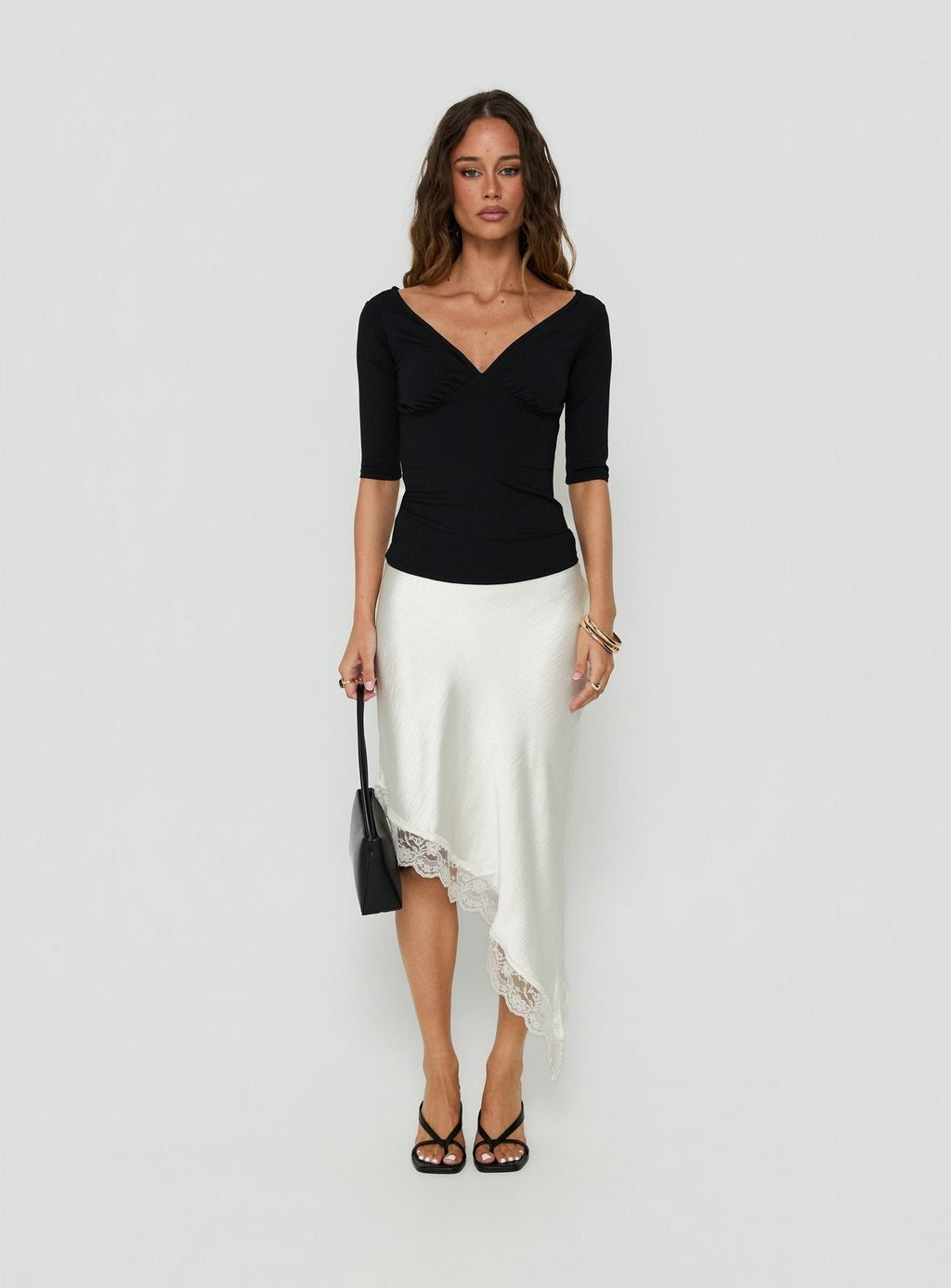 Koletta Asymmetrical Lace Trim Satin Midi Skirt Ivory