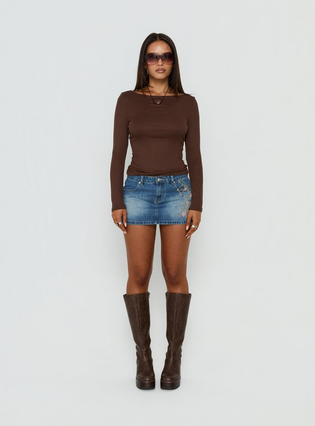Flatline Embroidered Denim Mini Skirt Mid Wash