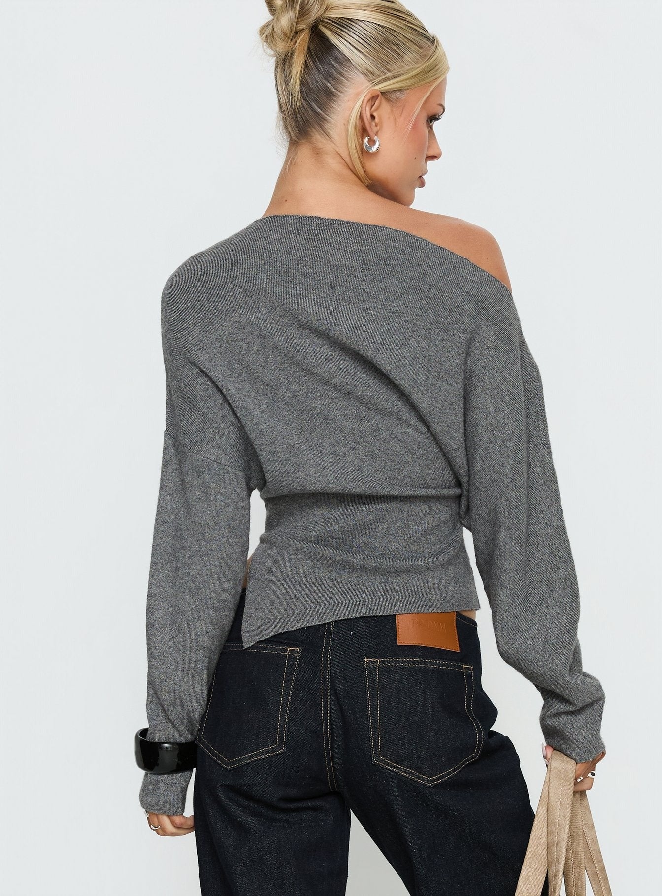 Kaelith Off shoulder Knit Sweater Dark Grey