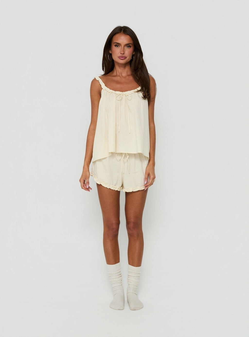 Nattalie Tie Waist Frill Sleep Shorts Cream