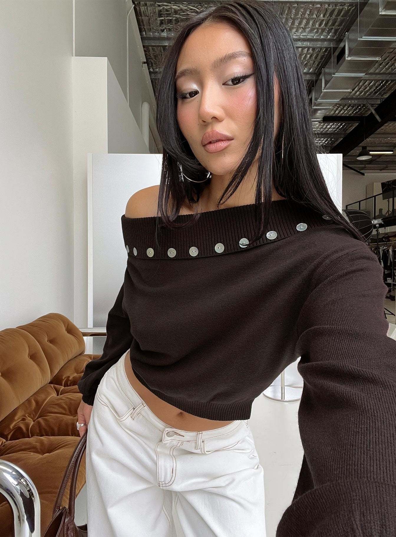 Kloud Off Shoulder Foldover Sweater Brown