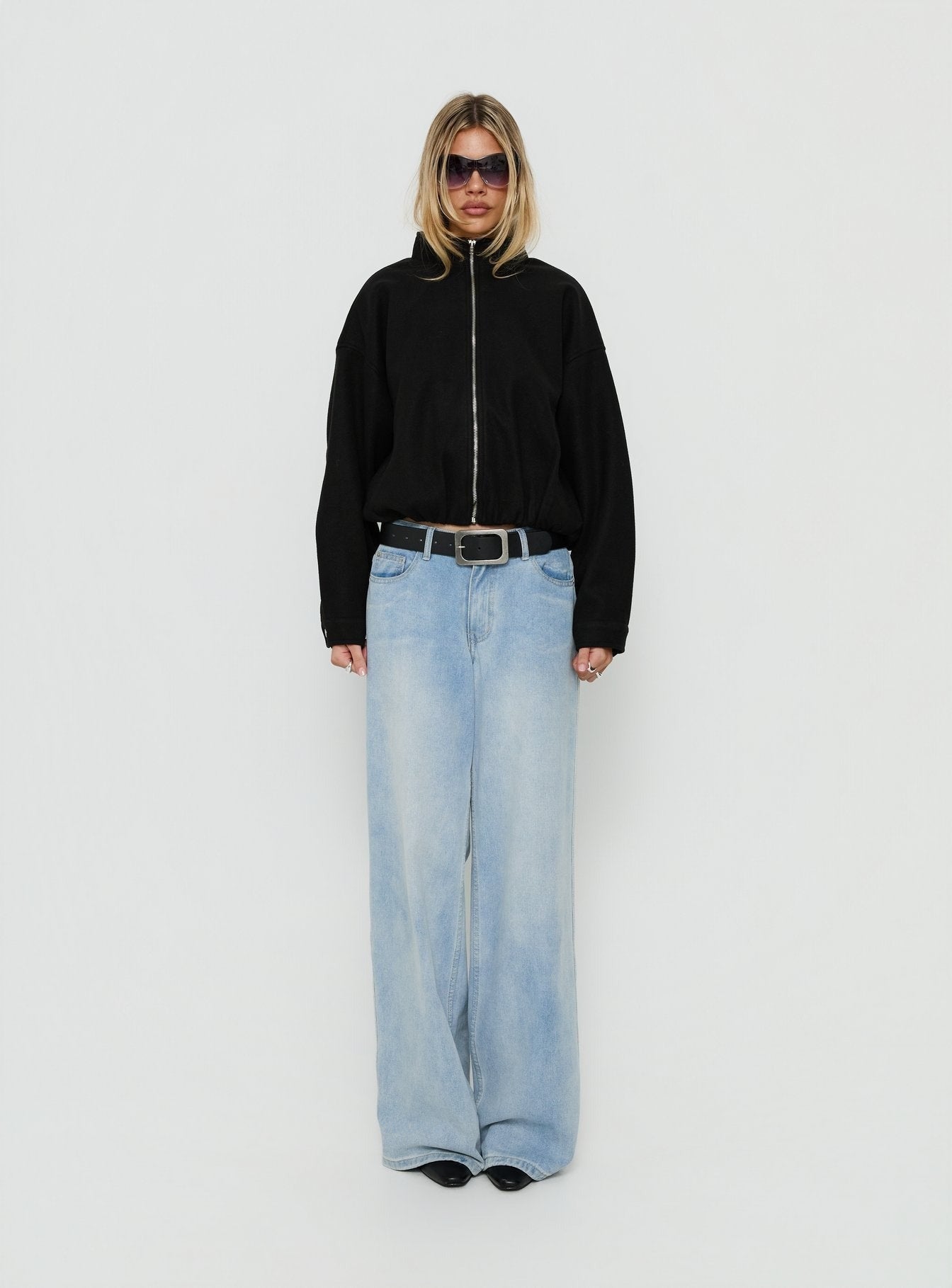 Chayden Cropped Faux Wool Bomber Jacket Black