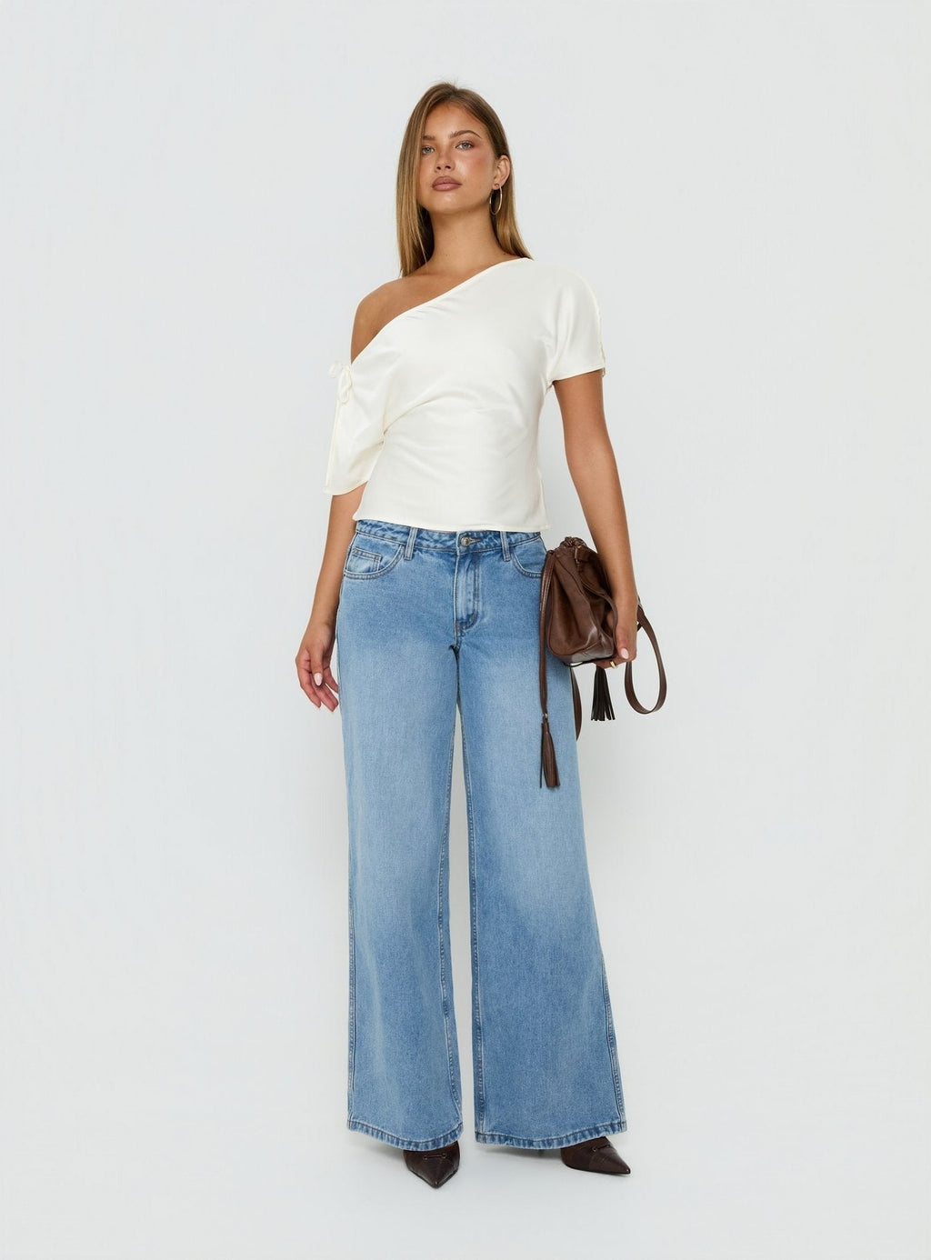 Faisa Off Shoulder Satin Top Cream