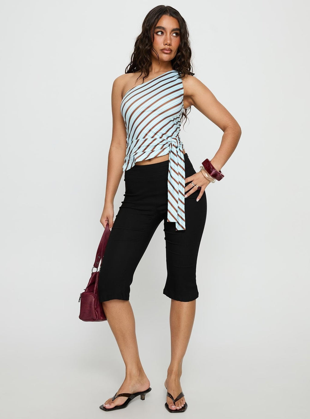 Ranae One Shoulder Tie Detail Top Blue Stripe