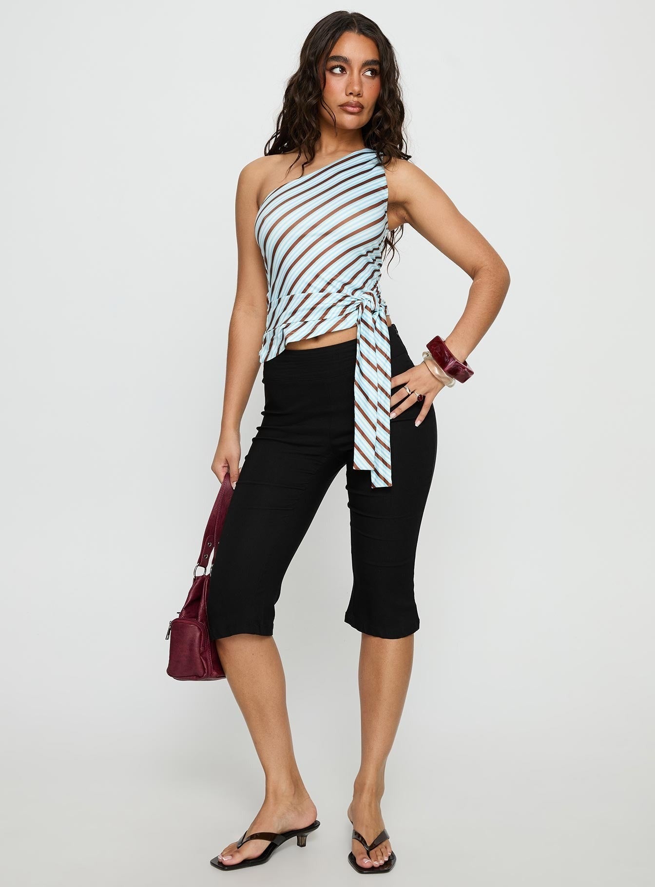 Ranae One Shoulder Tie Detail Top Blue Stripe