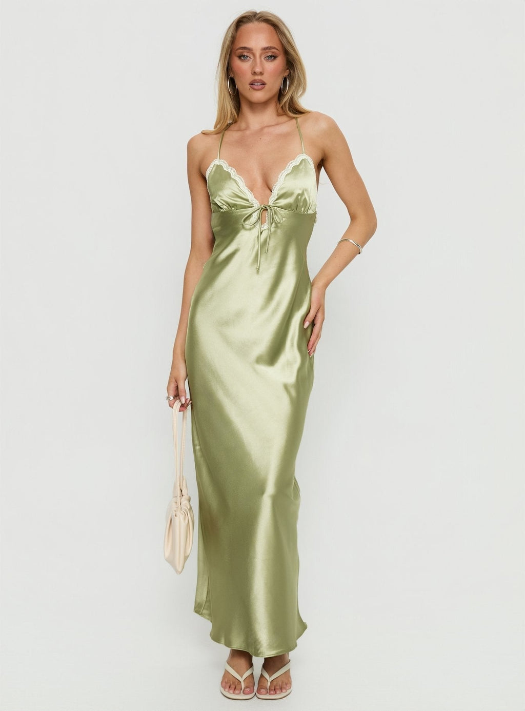 Alysa Lace Trim Halter Maxi Dress Green