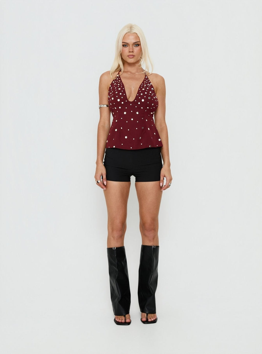 Tekapo Studded V-Neck Top Burgundy