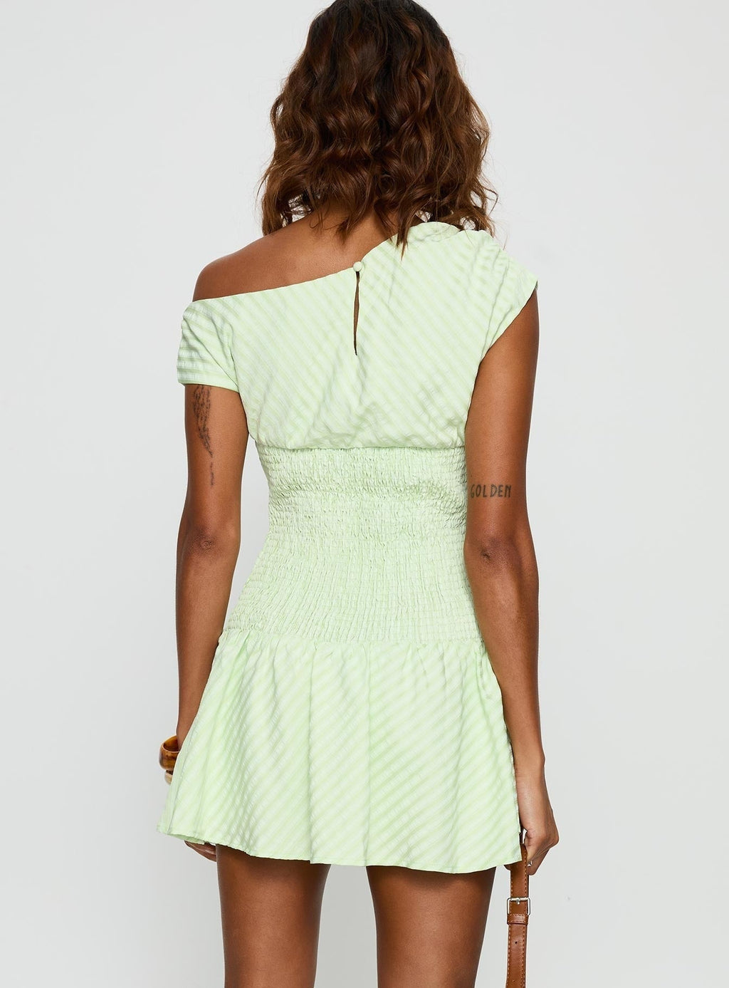 Stephane Off Shoulder Shirred Playsuit Green Stripe