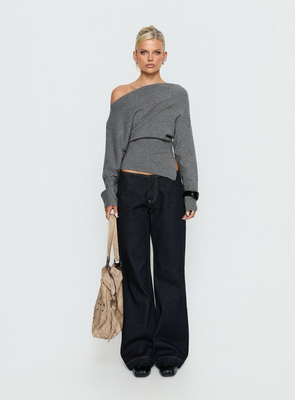 Kaelith Off shoulder Knit Sweater Dark Grey