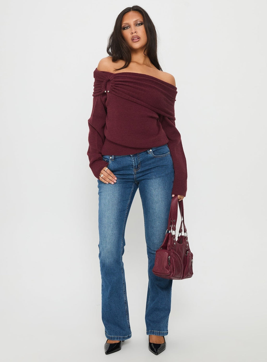 Viora Off Shoulder Knit Sweater Wine