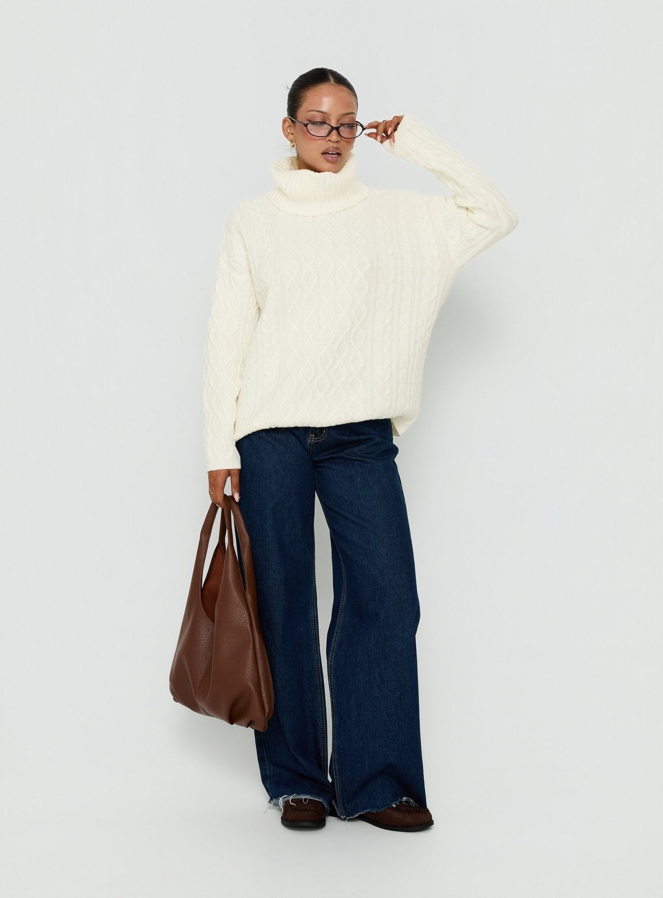 Delah Cable Knit Roll Neck Jumper Cream