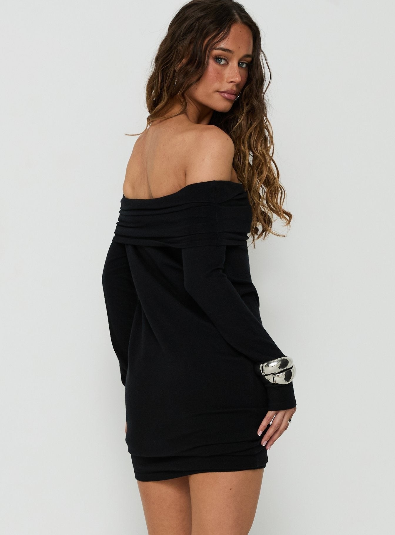 Floreana Off Shoulder Long Sleeve Mini Dress Black