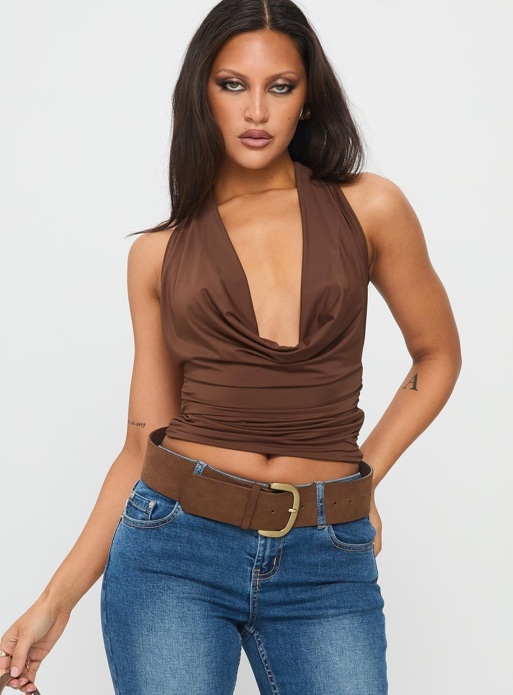 Remarkable Plunged Cowl Neck Top Brown