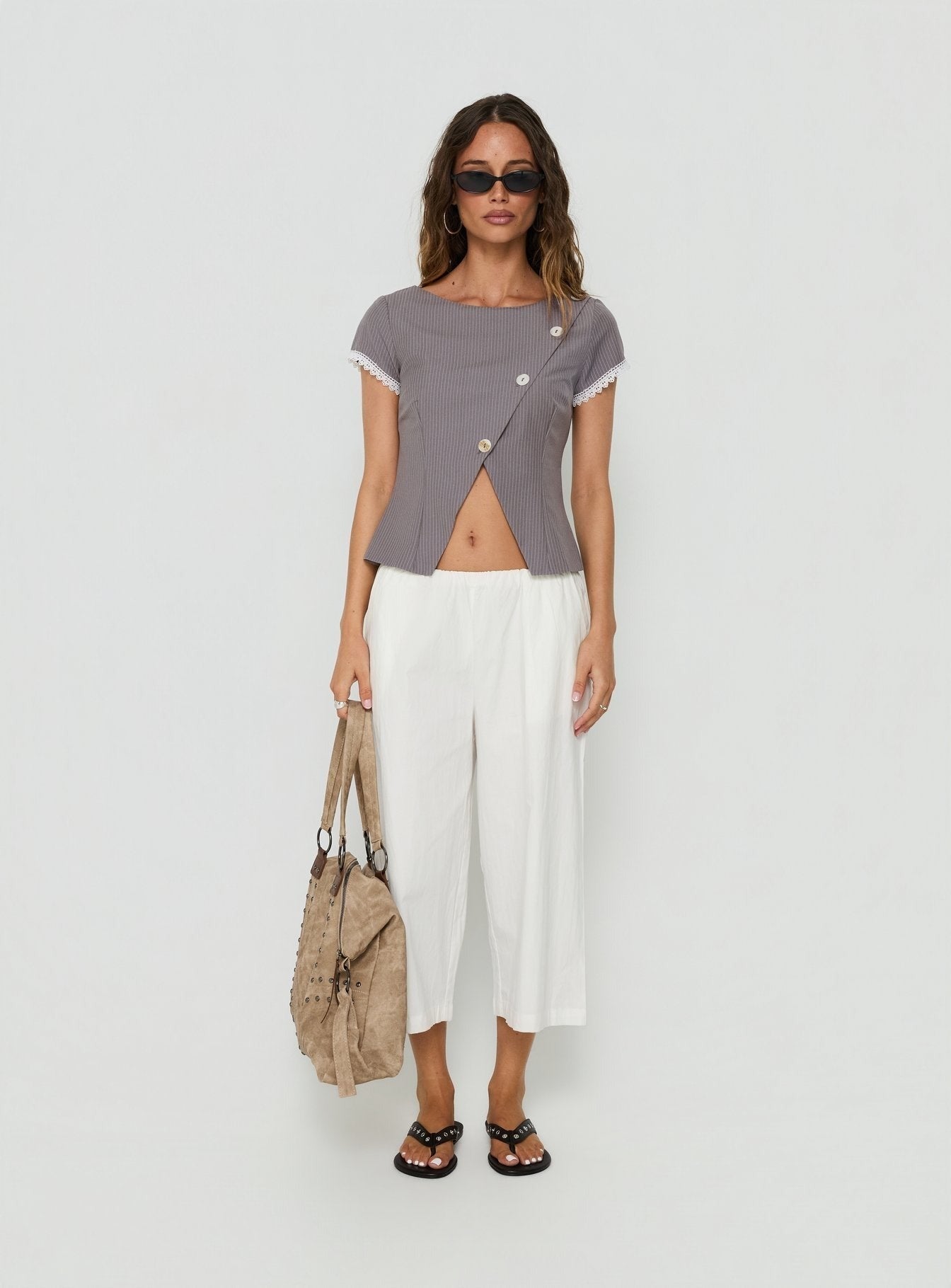Margherite Asymmetrical Button Detail Short Sleeve Top Grey Stripe