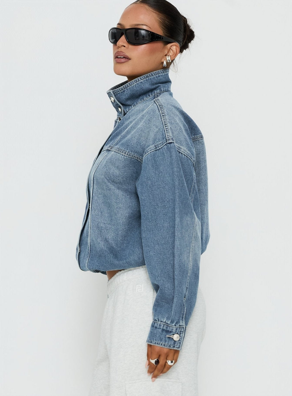 Alfea Funnel Neck Denim Bomber Jacket Mid Blue Wash