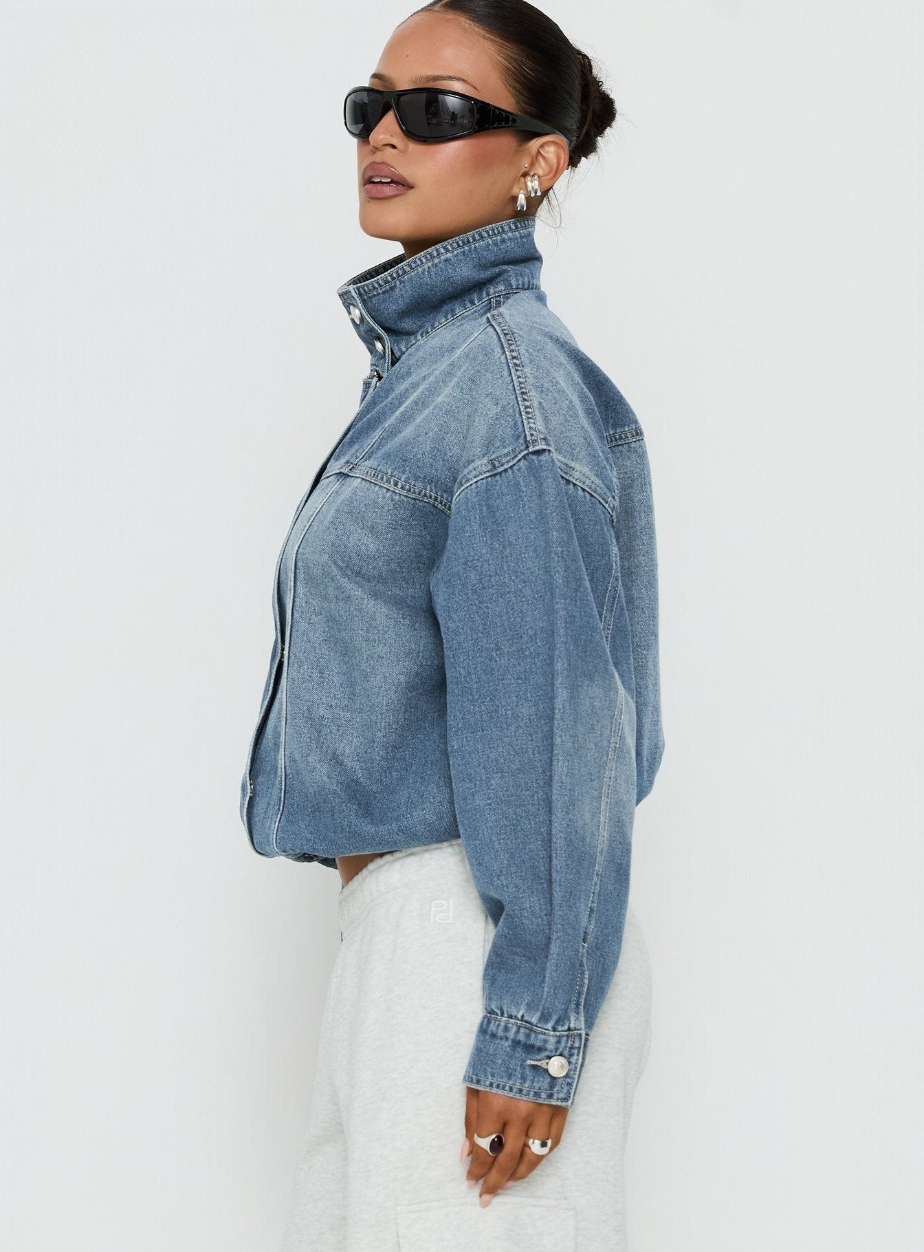 Alfea Funnel Neck Denim Bomber Jacket Mid Blue Wash
