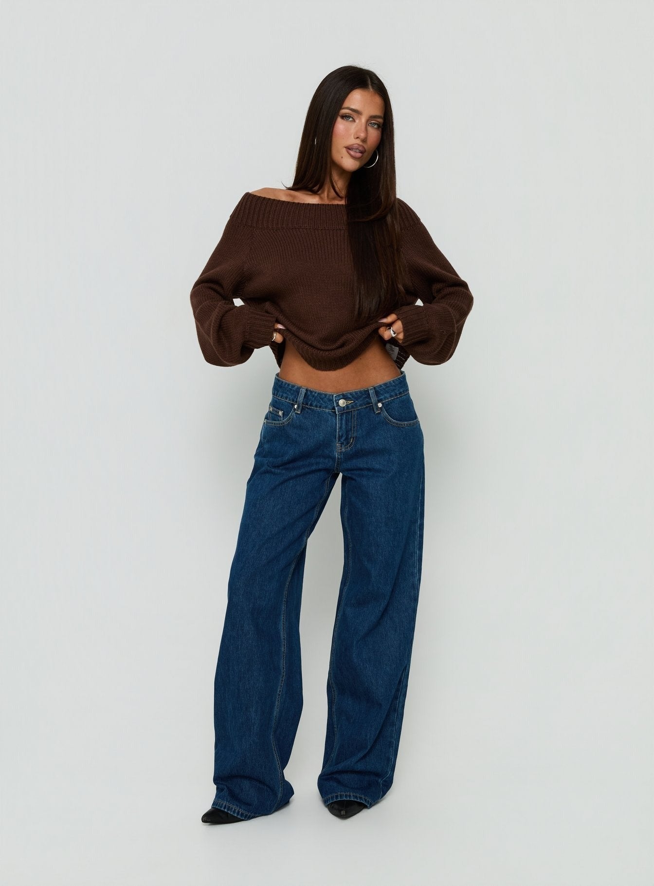 Always Be There Off Shoulder Knit Jumper Brown