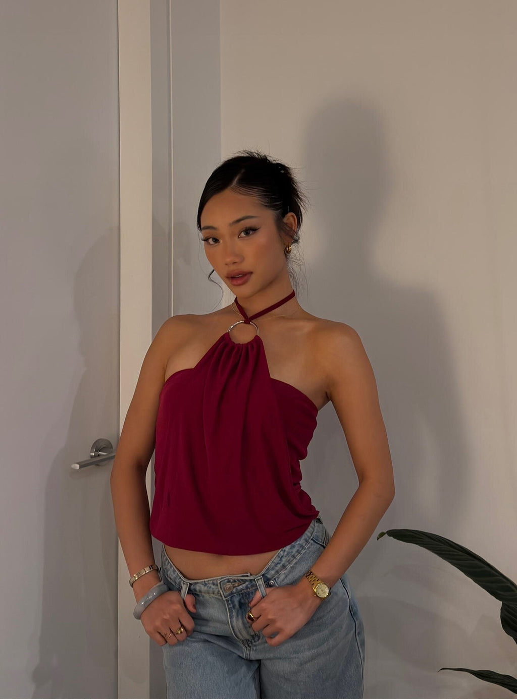 Hedlea Draped Ring Detail Top Wine
