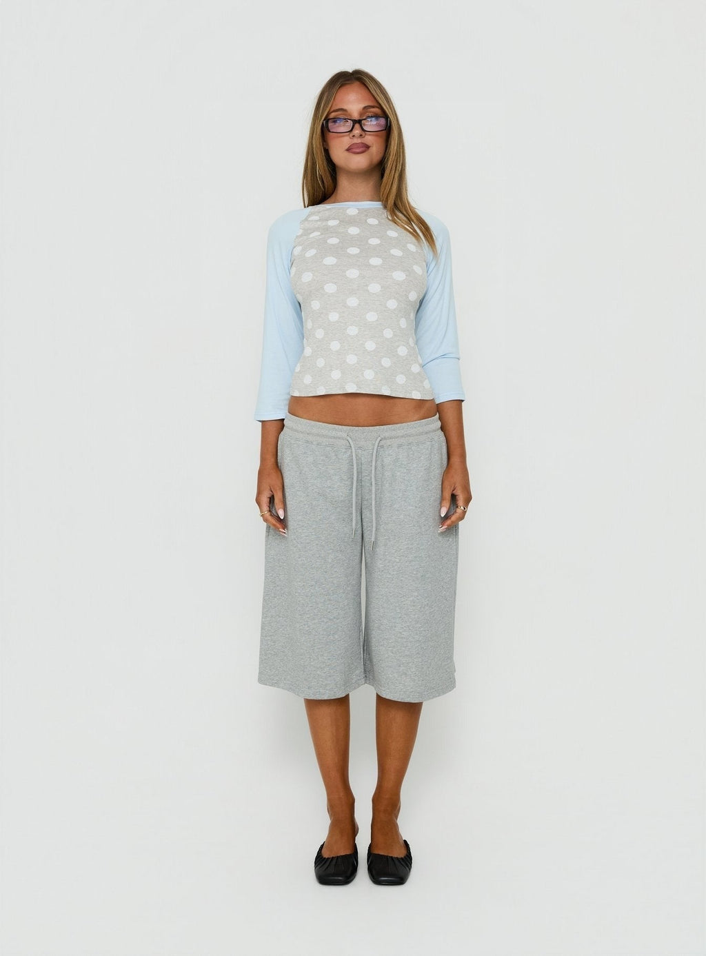 Fabella 3/4 Sleeve Raglan Top Grey Polka / Blue