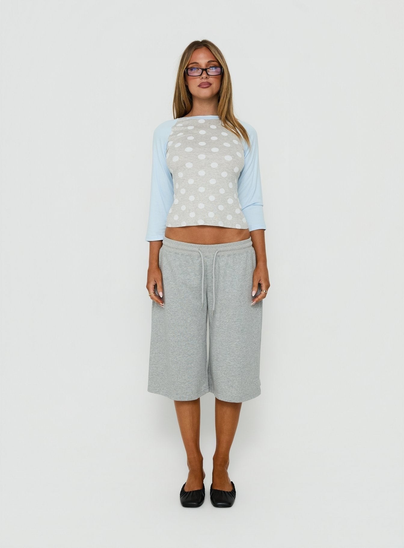 Fabella 3/4 Sleeve Raglan Top Grey Polka / Blue