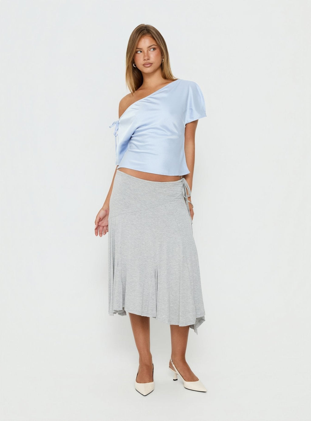 Faisa Off Shoulder Satin Top Powder Blue