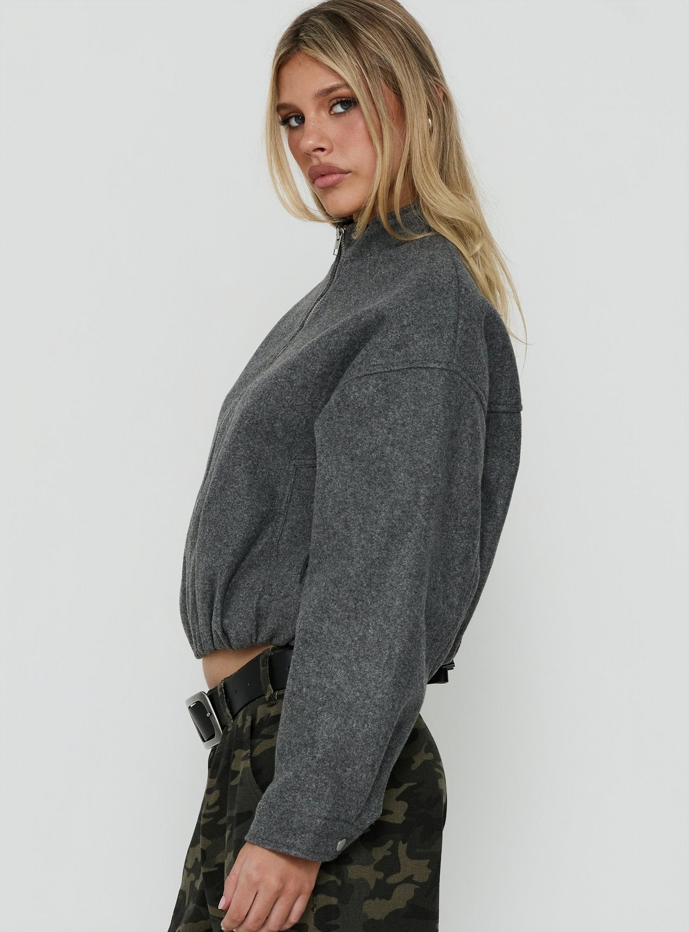 Chayden Cropped Faux Wool Bomber Jacket Grey