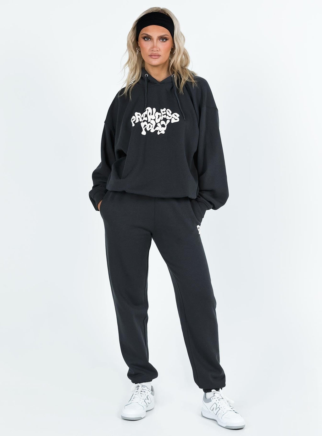 Princess Polly Hooded Sweatshirt Squiggle Text Black Sand / Eggshell
