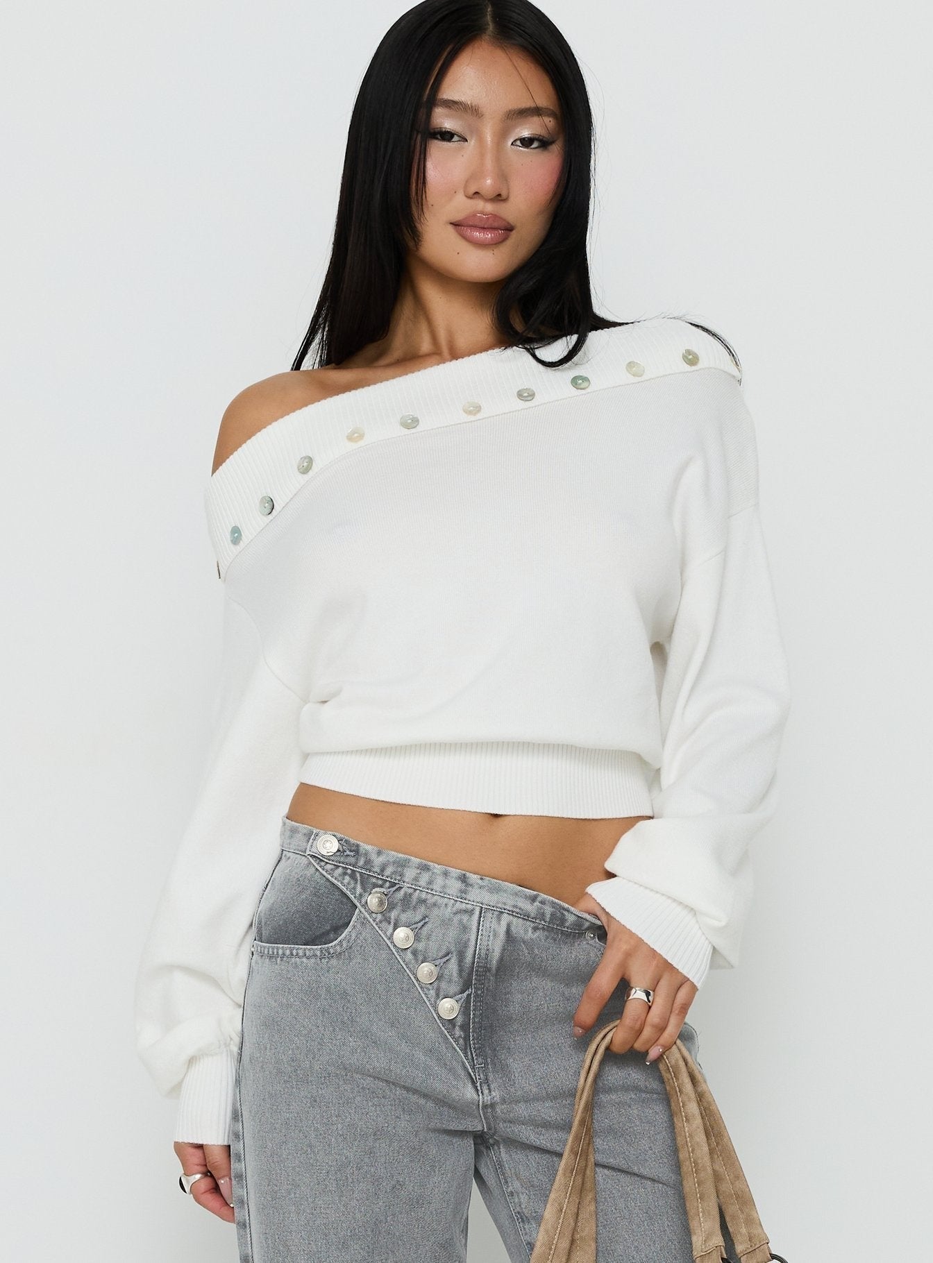 Kloud Off Shoulder Foldover Sweater White