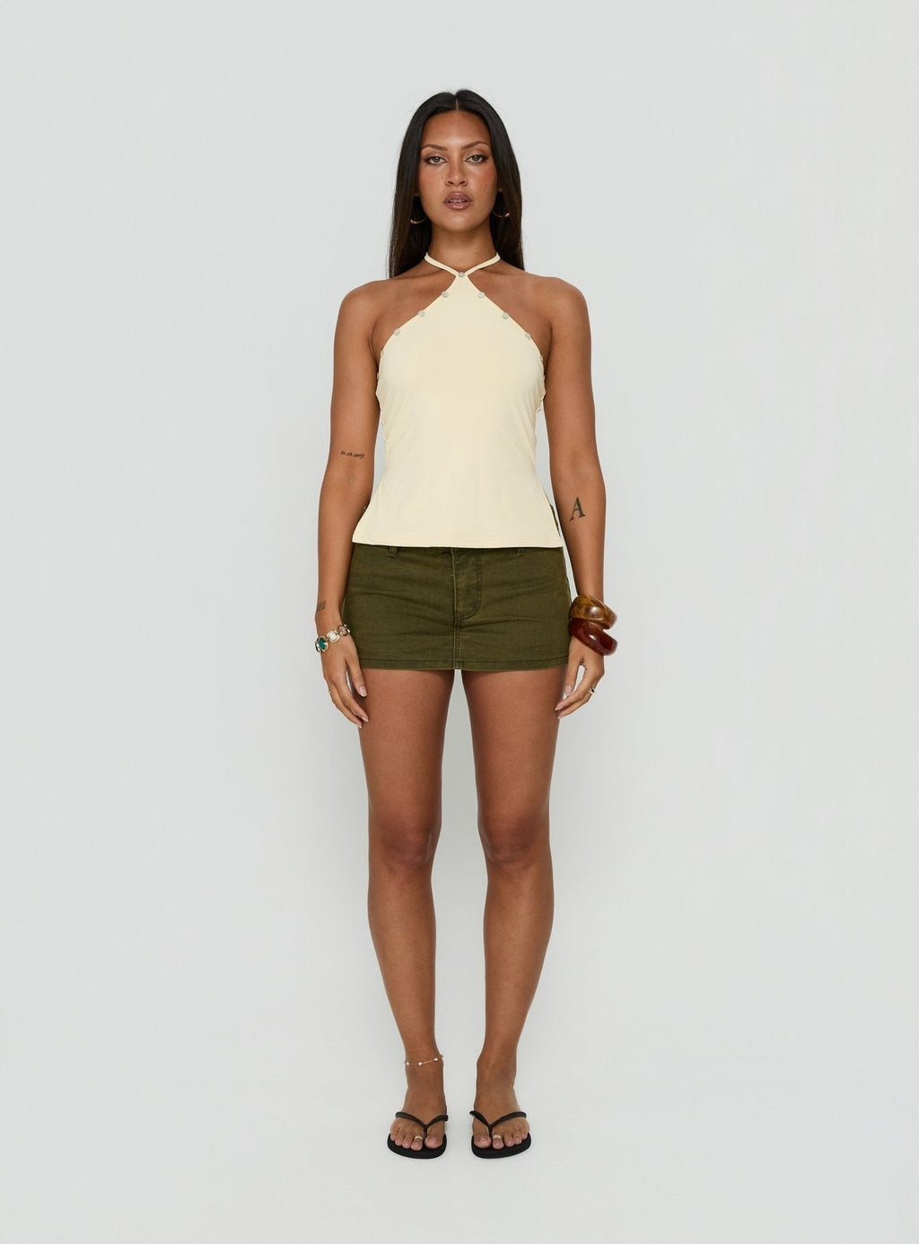 Eiva Arrowneck Button Detail Top Lemon