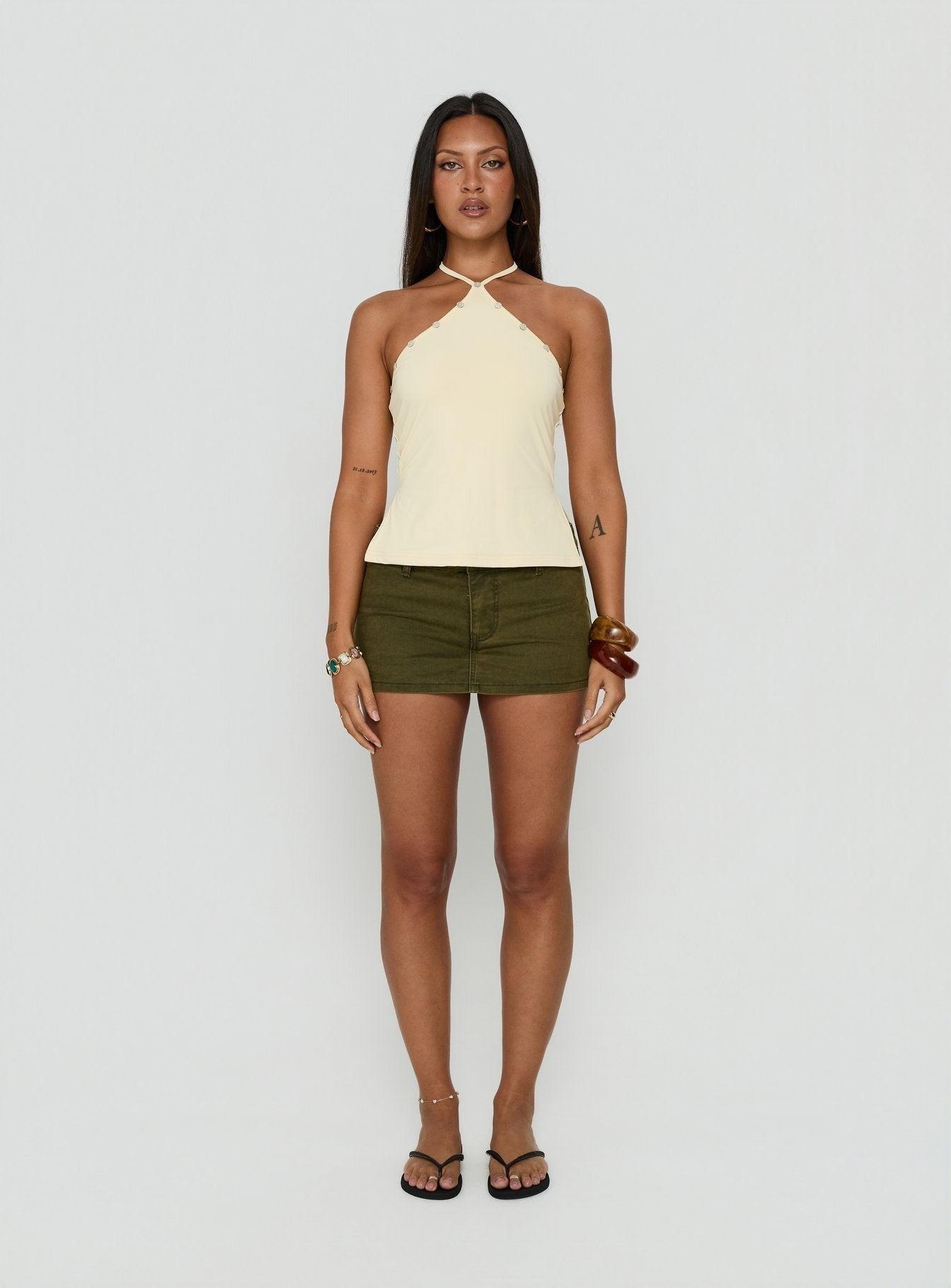 Eiva Arrowneck Button Detail Top Lemon