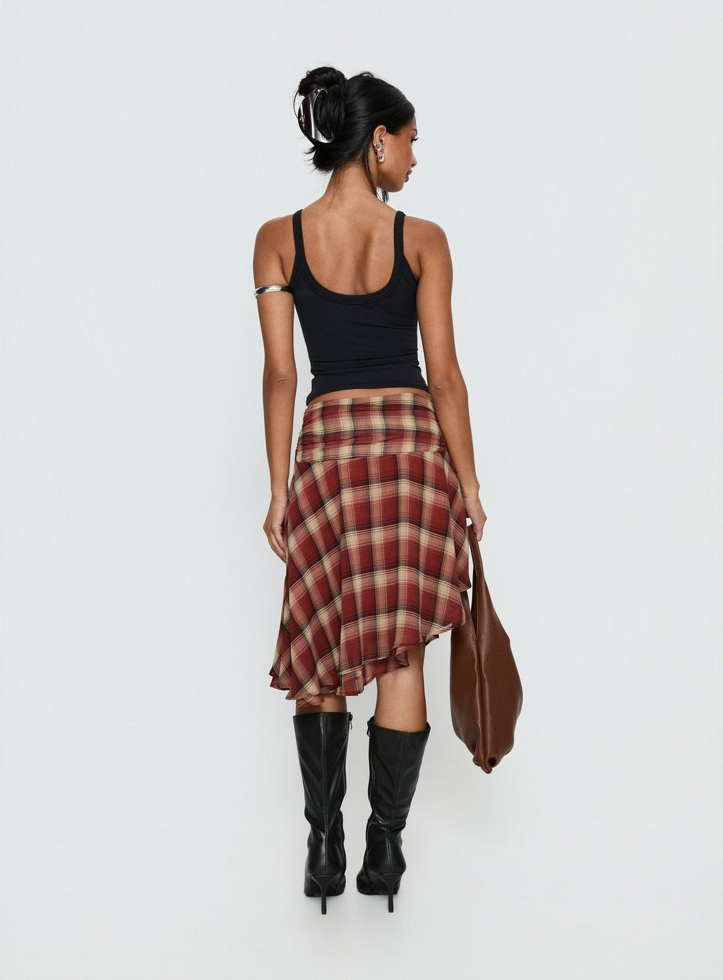 Evanescence Asymmetrical Midi Skirt Brown Check