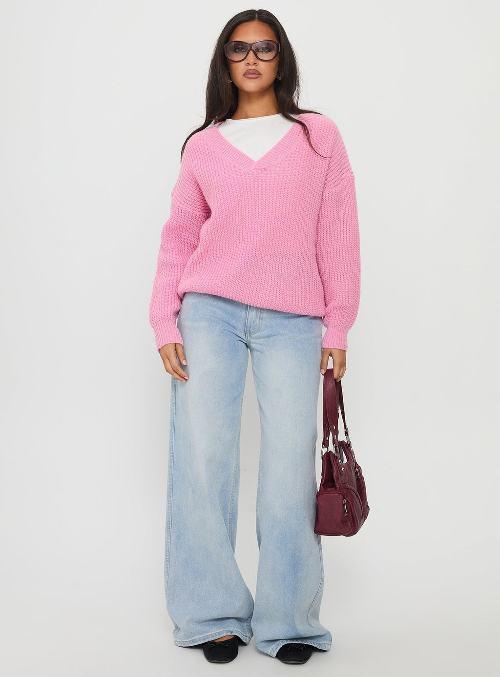 Zoea V Neck Knit Sweater Pink