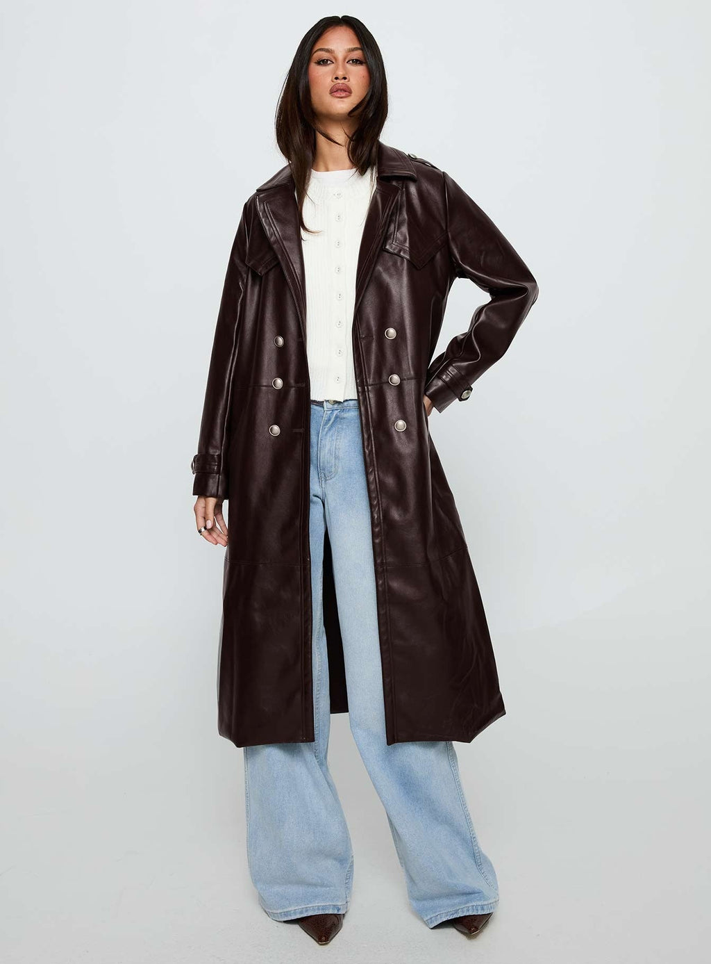 High Standards Faux Leather Trench Coat Brown