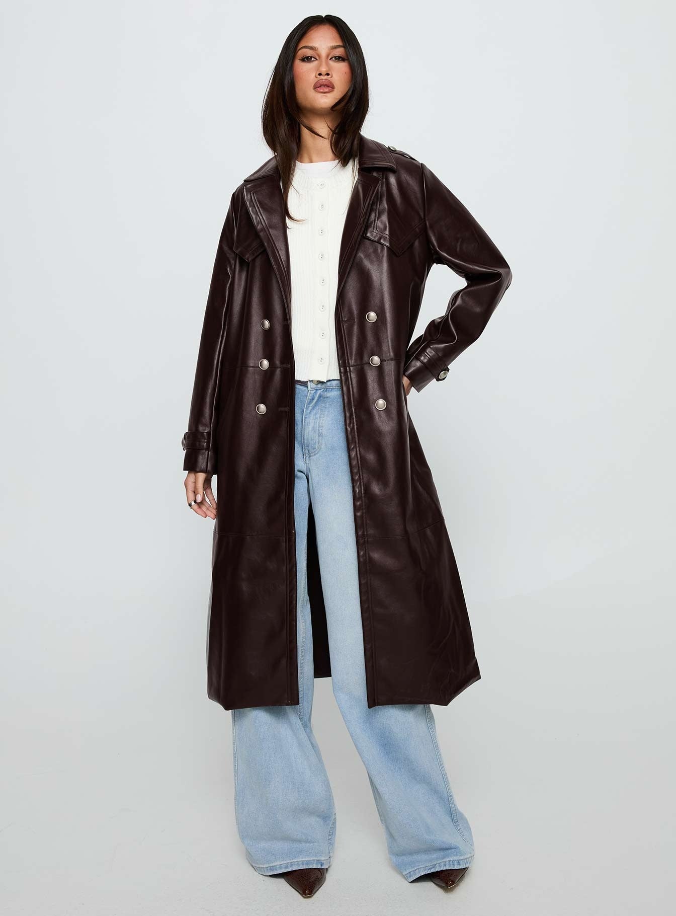 High Standards Faux Leather Trench Coat Brown