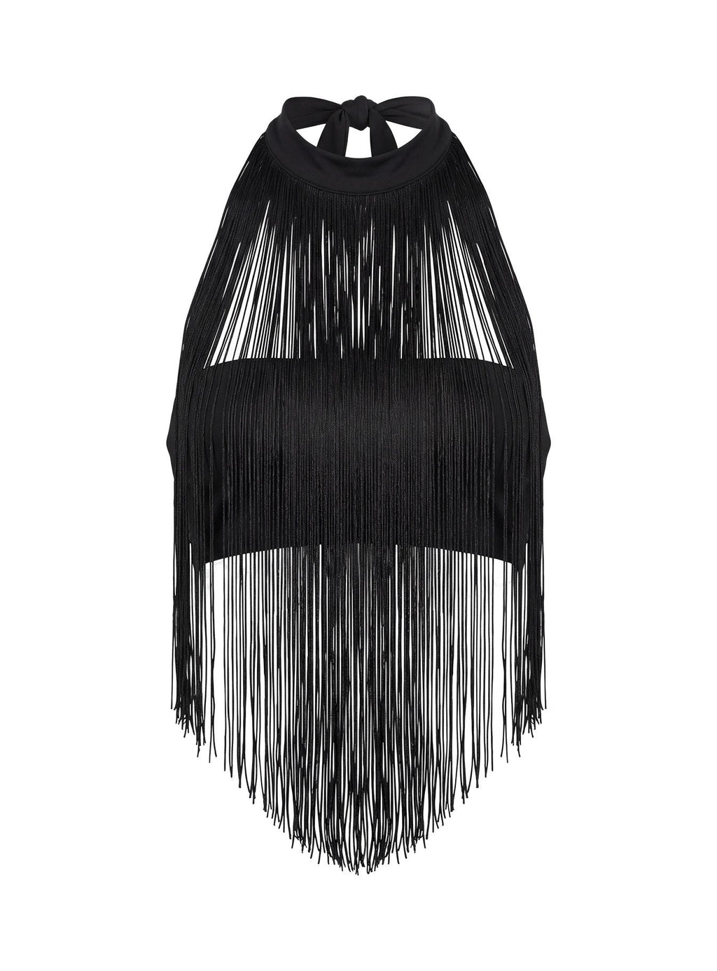 Zephyrine Fringe Asymmetrical Halter Top Black