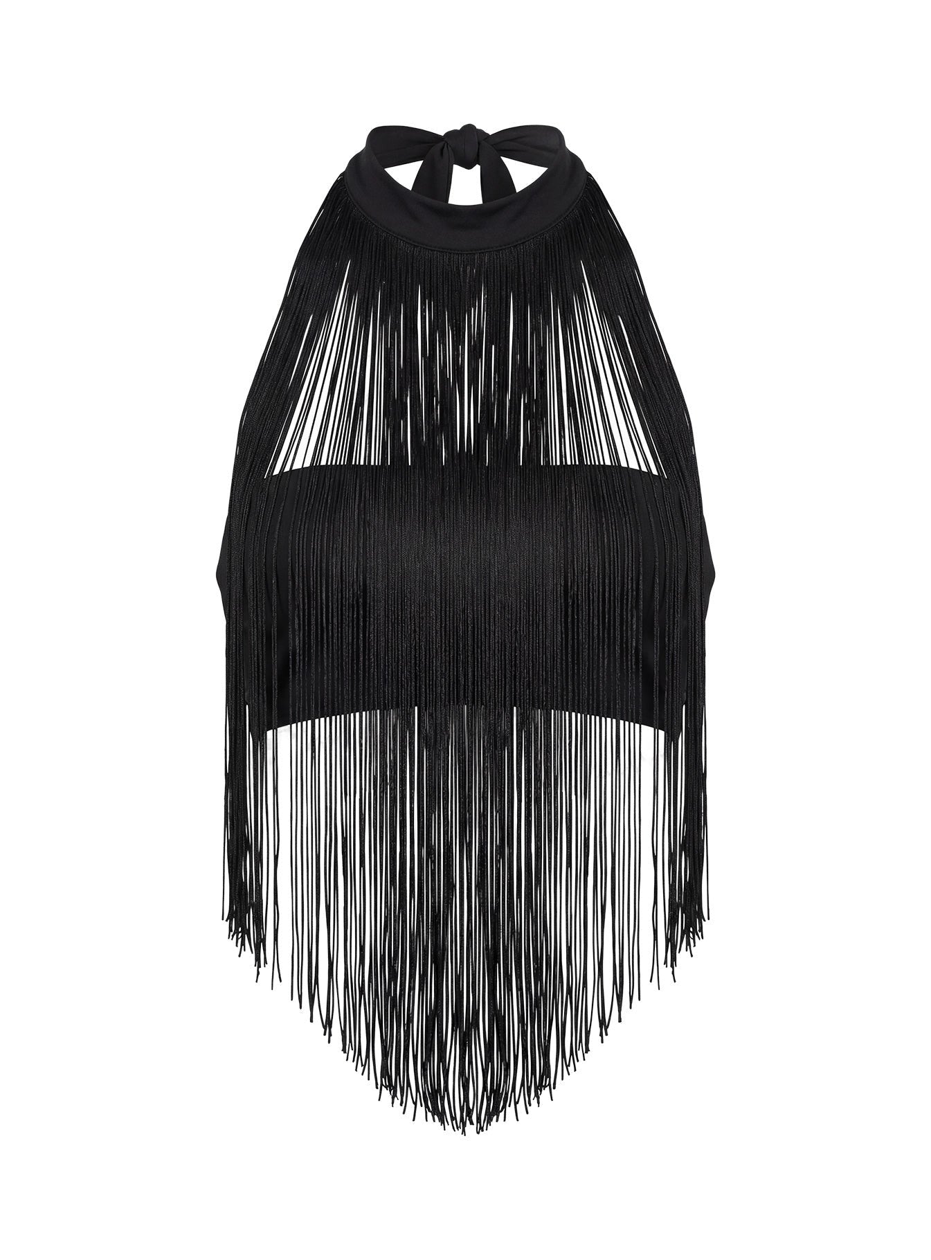 Zephyrine Fringe Asymmetrical Halter Top Black